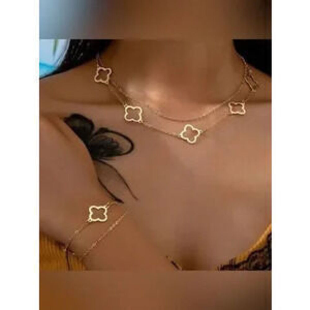 Gold Clover Necklace & Bracelet Set Gift Dainty